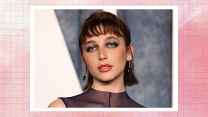 Emma Chamberlain attends the 2023 Vanity Fair Oscar Party Hosted By Radhika Jones at Wallis Annenberg Center for the Performing Arts on March 12, 2023 in Beverly Hills, California/ in a pink watercolor template