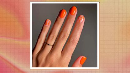 A hand with orange nail polish and a gold ring on one finger - courtesy @matejanova/ in an orange, pink and red gradient template