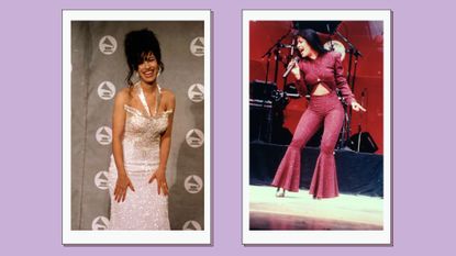 Portrait of American singer Selena (born Selena Quintanilla-Perez, 1971 - 1995) at the 36th Annual Grammy Awards at Radio City Music Hall, New York, New York, March 1, 1994 and Mexican singer Selena performing in concert; one month later she would be shot and killed by Yolanda Saldivar, the pres. of her fan club, after confronting her on charges that she was embezzling funds.