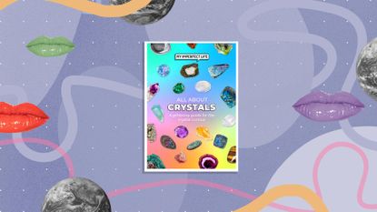An image of the ebook All About Crystals: a glittering guide for the crystal curious is pictured ontop of a graphic pink and purple background with cut out images of lips and the earth in various contrasting and black and white colors